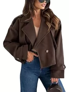Generisch Jacken Generisch Wollmantel Damen Kurz Übergangsjacke Wintermantel Warme Langarm Revers Damenmantel Brauner Blazer Damen