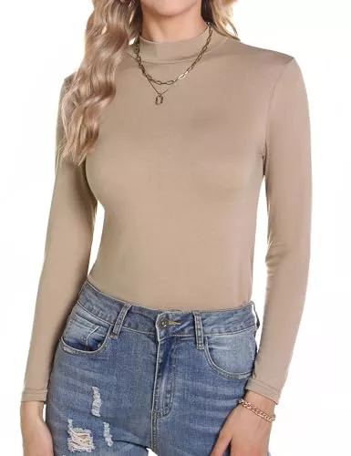 Aottori Langarmshirts Aottori Langarmshirt Damen Stehkragen Basic Rollkragenshirt Baumwolle Oberteile Langarm Elegant Unterziehshirt Slim Fit Rollkragenpullover Dünn Thermounterwäsche Stretch Tops