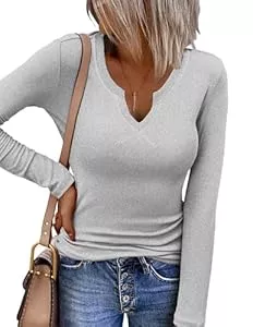 Zeagoo Langarmshirts ZEAGOO Langarmshirt Damen V-Ausschnitt T-Shirt Langarm Slim Fit Oberteile Elegant Shirts Stretch Tops Gerippt Lässig Top Einfarbig Pullover Herbst XS-XXL