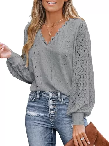 CUPSHE Langarmblusen CUPSHE Damen Blusen V-Ausschnitt Spitzen Wellenkante Puffärmel Langarmshirt Lässige Lace Oberteile Tunika Bluse Tops