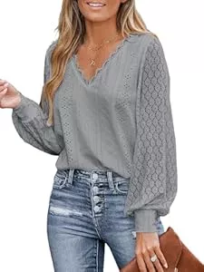 CUPSHE Langarmblusen CUPSHE Damen Blusen V-Ausschnitt Spitzen Wellenkante Puffärmel Langarmshirt Lässige Lace Oberteile Tunika Bluse Tops