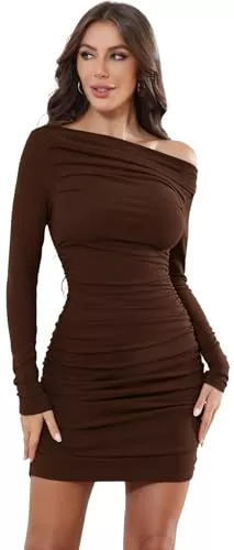 TrendiMax Freizeit TrendiMax Damen Bodycon Minikleid Gerippt Langarm Freizeitkleid Sexy One Off Shoulder Geraffte Kleider Kurzes Cocktail Party Club Kleid Einfarbig