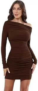 TrendiMax Freizeit TrendiMax Damen Bodycon Minikleid Gerippt Langarm Freizeitkleid Sexy One Off Shoulder Geraffte Kleider Kurzes Cocktail Party Club Kleid Einfarbig