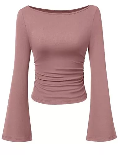 Sukiglam Langarmblusen Sukiglam Langarmshirt Damen Elegant Bootsausschnitt Strickoberteile mit Glockenärmeln Eng Y2K Top Basic Casual Pullover Slim Fit Longsleeve T Shirt Einfarbig Langarm Unterziehshirts Herbst Oberteile