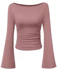 Sukiglam Langarmblusen Sukiglam Langarmshirt Damen Elegant Bootsausschnitt Strickoberteile mit Glockenärmeln Eng Y2K Top Basic Casual Pullover Slim Fit Longsleeve T Shirt Einfarbig Langarm Unterziehshirts Herbst Oberteile