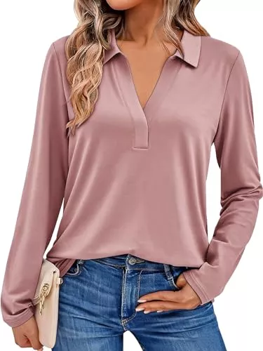 Pawate Langarmblusen Pawate Damen Bluse Langarm Shirt Elegant Oberteil V-Ausschnitt Business Tops Casual Baumwolle Tshirt Herbst Tunika