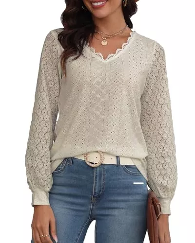 Hount Ärmellose Blusen Hount Bluse Damen Spitzen Oberteile Elegant V Ausschnitt Blusen Tunika Laternenärmeln Locker Langarmshirt