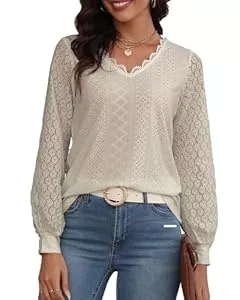 Hount Ärmellose Blusen Hount Bluse Damen Spitzen Oberteile Elegant V Ausschnitt Blusen Tunika Laternenärmeln Locker Langarmshirt