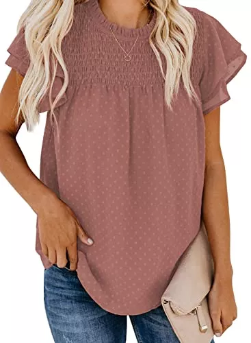 Jolicloth Kurzarmblusen Jolicloth Sommer Bluse Damen O-Ausschnitt Swiss Dot Shirt Solide Kurzarm Tops Lässige T-Shirt Oberteile für Damen Frauen