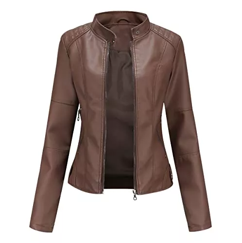 Peuignao Jacken Kunstlederjacke Damen Bikerjacke Biker Faux Lederjacke Damen Kunstleder Pu Jacke Damen Leder Faux Leather Jacket for Women Pu Lederjacke Stehkragen Frauen Jacken für Damen Leder Imitation Jacke Damen