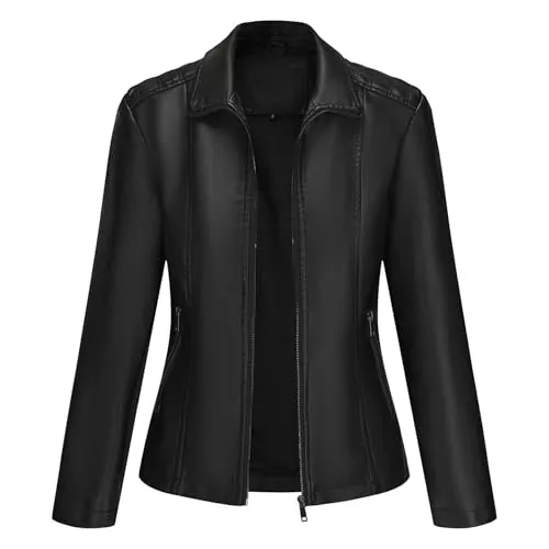 YYNUDA Jacken YYNUDA Lederjacke Damen Elastischer Stoff PU Bikerjacke Reißverschluss Einfarbig Leder Stehkragen Motoradjacke