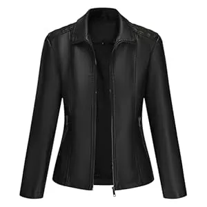 YYNUDA Jacken YYNUDA Lederjacke Damen Elastischer Stoff PU Bikerjacke Reißverschluss Einfarbig Leder Stehkragen Motoradjacke