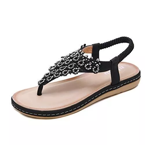 Ulogu Sandalen & Slides Sandalen Damen Sommer Flip Flops Bohemian Flach Zehentrenner mit Strass Größe 36-42