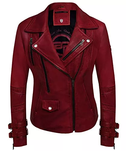 Bluepiel Jacken Bluepiel Poula Damen Lederjacke - Modernen Biker-Look - Echt Leder Jacke Rot mit Reverskragen aus feinstem Lammnappa Leder