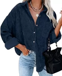 QIXING Hemdblusen QIXING Cordjacke Damen Herbst Winter Oversized Button Down Langarm Bluse mit Tasche - V-Ausschnitt Musselin Cord Hemd Casual Jacke