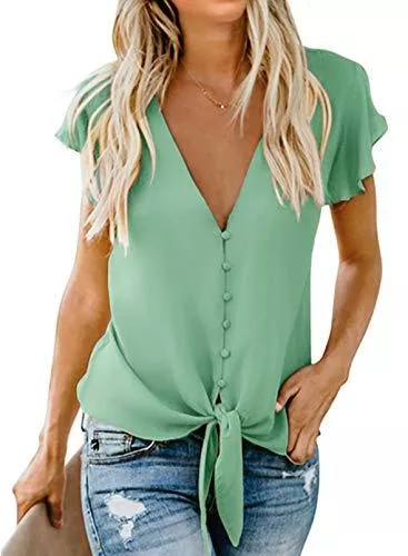 Aleumdr Kurzarmblusen Aleumdr Damen Bluse Kurzarm Hemd V-Ausschnitt Bluse Leinen Tunika mit Konpfen Elegant Krawatte Business Casual Bluse Oberteile Hemd S-XXL