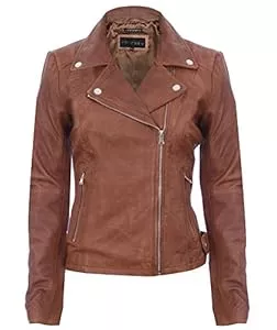 Infinity Leather Jacken Infinity Leather Damen Coniac Bräunen Jahrgang Brando 100% Leder Radfahrer Jacke