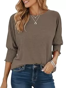 Cuptacc Langarmshirts Cuptacc Tshirt Damen Elegante Rundhals Langarmshirt Lose Casual Bluse Basic 3/4 Ärmel Tunika Gesmokt Stulpe Oberteil