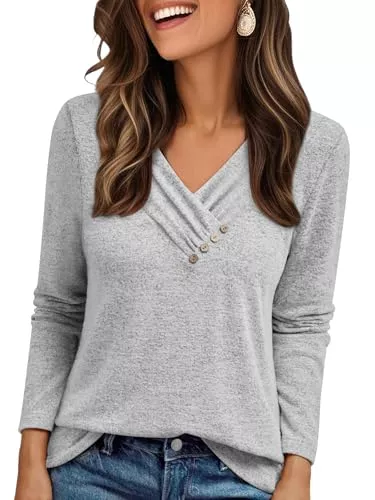 Cuptacc Langarmblusen Cuptacc Pullover Damen Langarmshirt V Ausschnitt Elegant T Shirt Knopfleiste Longsleeve Damen Oversized Tunika Oberteile