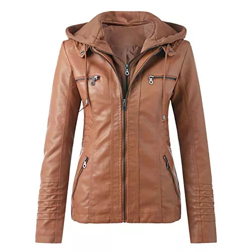 Generic Jacken Lederjacke Damen Kunstleder Jacke Damen Lederjacke mit Kapuzen Große Größen Herbst Winter Langarm Motorrad Jacke Winterjacke Slim Fit Hoodie Mantel Streetwear mit Reißverschluss Tasche