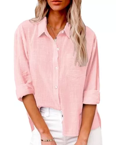 Friptspyg Hemdblusen Friptspyg Bluse Damen Lässiges Langarm Hemdbluse Elegant Blusen &amp; Tuniken für Damen V-Ausschnitt 100% Baumwolle Solide Sommer Oberteile mit Tasche