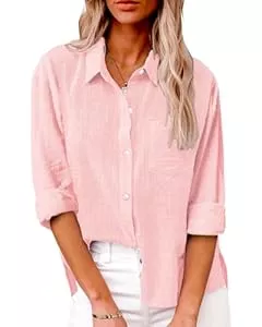 Friptspyg Hemdblusen Friptspyg Bluse Damen Lässiges Langarm Hemdbluse Elegant Blusen &amp; Tuniken für Damen V-Ausschnitt 100% Baumwolle Solide Sommer Oberteile mit Tasche