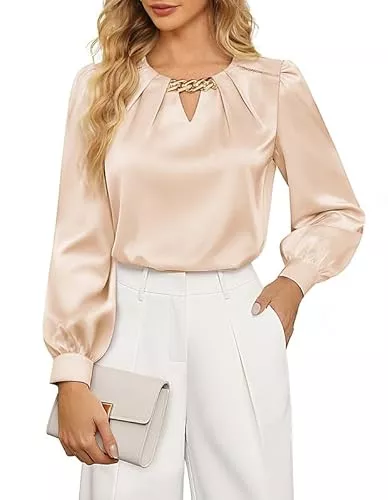 JASAMBAC Langarmblusen JASAMBAC Satin Bluse Damen Oberteile Langarm Bluse Mit Dekorativen Kette Festliche Blusen Elegant Satin Shirt Hemdbluse Party Oberteile Arbeitshemd Seiden Business Outfit