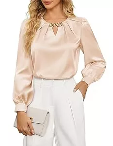 JASAMBAC Langarmblusen JASAMBAC Satin Bluse Damen Oberteile Langarm Bluse Mit Dekorativen Kette Festliche Blusen Elegant Satin Shirt Hemdbluse Party Oberteile Arbeitshemd Seiden Business Outfit