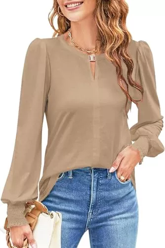 NAIOSS Langarmblusen NAIOSS Damen Bluse Langarm Elegant Oberteile Herbst Langarmshirt V-Ausschnitt Puffärmel Shirts Casual Tops