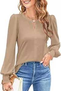 NAIOSS  NAIOSS Damen Bluse Langarm Elegant Oberteile Herbst Langarmshirt V-Ausschnitt Puffärmel Shirts Casual Tops
