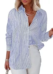 Homlan Hemdblusen Homlan Bluse Damen Langarm Streifen Business Casual Oberteil V-Ausschnitt Arbeit Hemd Locker Knöpfleiste Hemdbluse