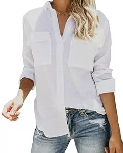 Friptspyg Hemdblusen Friptspyg Chemisier en Mousseline Chemises à Manches Longues Pour Femmes Chemises à col en V 100% Coton Tops Avec Deux Poches