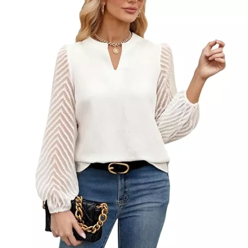 viiotu Langarmblusen viiotu Damen Chiffon Bluse Langarm mit V-Ausschnitt &amp; Spitzenärmeln, Elegante Weiße Moderne Bluse für Business, Freizeit, Party