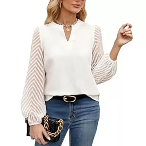 viiotu Langarmblusen viiotu Damen Chiffon Bluse Langarm mit V-Ausschnitt &amp; Spitzenärmeln, Elegante Weiße Moderne Bluse für Business, Freizeit, Party
