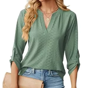 HANERDUN Langarmblusen HANERDUN Damen Bluse V Ausschnitt Tops 3/4 Ärmel Oberteile Elegant Jacquardgewebe Hemd Casual Blusen Fashion Solide Tunika