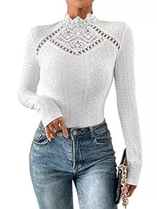 GORGLITTER Langarmblusen GORGLITTER Damen Bodysuit Elegant Bodies Stehkragen Öse Stickerei Bodys Langarm Body mit Spitzeneinsatz