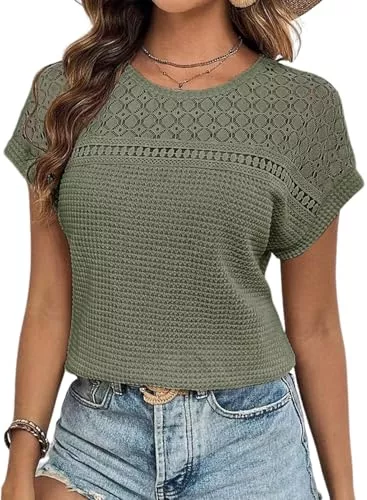 Chicrise Kurzarmblusen Chicrise Bluse Damen Elegant Kurzarm Spitzen Oberteile Häkel Rundhals Tshirt Sommer