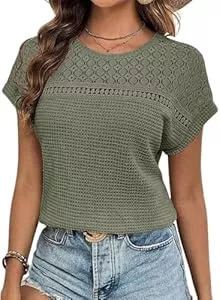 Chicrise Kurzarmblusen Chicrise Bluse Damen Elegant Kurzarm Spitzen Oberteile Häkel Rundhals Tshirt Sommer