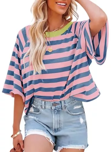 Chicrise T-Shirts Chicrise Tshirt Damen Sommer Oversize Gestreiftes Oberteile Kurze Rundhals Lässige Kurzarm Top