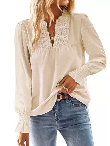 TUUHAW Langarmblusen TUUHAW Langarmshirt Damen Herbst Boho Top Oberteile Fließend Elegant V-Ausschnitt T Shirt Süß Lässig Outfits Frühling Winter Longshirt Spitze Kleidung Paspel Volant