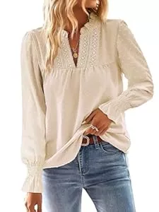 TUUHAW Langarmblusen TUUHAW Langarmshirt Damen Herbst Boho Top Oberteile Fließend Elegant V-Ausschnitt T Shirt Süß Lässig Outfits Frühling Winter Longshirt Spitze Kleidung Paspel Volant
