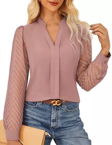 GRACE KARIN Langarmblusen GRACE KARIN Damen Business Blusenshirt Elegante V-Ausschnitt Oberteile Spitze Transparenten Ärmel Büro Bluse