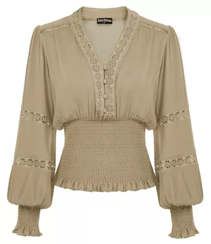 SCARLET DARKNESS Langarmblusen SCARLET DARKNESS Damen Renaissance Spitzenbluse Mittelalter Gesmokt Langarmshirt