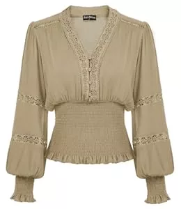 SCARLET DARKNESS  SCARLET DARKNESS Damen Renaissance Spitzenbluse Mittelalter Gesmokt Langarmshirt