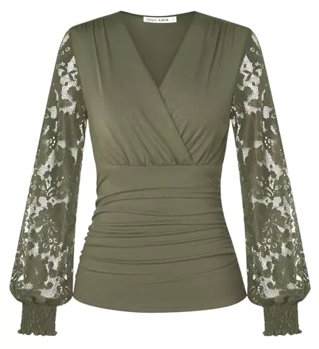 GRACE KARIN Langarmblusen GRACE KARIN Damen Bluse Spitzen Langarm Festliche Oberteile V-Ausschnitt Plissierte Bauchweg Wickelbluse