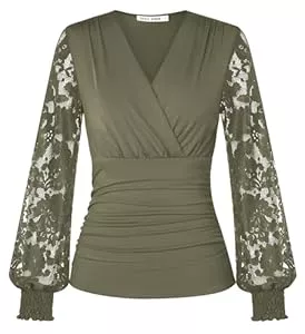 GRACE KARIN  GRACE KARIN Damen Bluse Spitzen Langarm Festliche Oberteile V-Ausschnitt Plissierte Bauchweg Wickelbluse