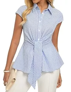 GRACE KARIN Kurzarmblusen GRACE KARIN Damen Gestreifte Bluse Kurzarm Baumwollhemd Sommer Business Oberteile Button-Down Longbluse Shirt