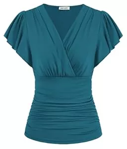 GRACE KARIN Kurzarmblusen GRACE KARIN Damen Rüschen Bluse V-Ausschnitt Kurzarm Oberteile Elegant Plissee-Top Slim Fit Wickelbluse