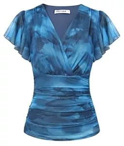 GRACE KARIN Kurzarmblusen GRACE KARIN Damen Blumen Boho Bluse V-Ausschnitt Rüschen Kurzarm Shirt Plissiert Mesh Oberteile Slim Fit Vintage Sommer Top