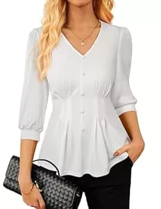 GRACE KARIN Kurzarmblusen GRACE KARIN Bluse für Damen elegant V-Ausschnitt 3/4-Laternenärmel Hemd plissierter Stretch-Strickpullover für die Arbeit im Büro